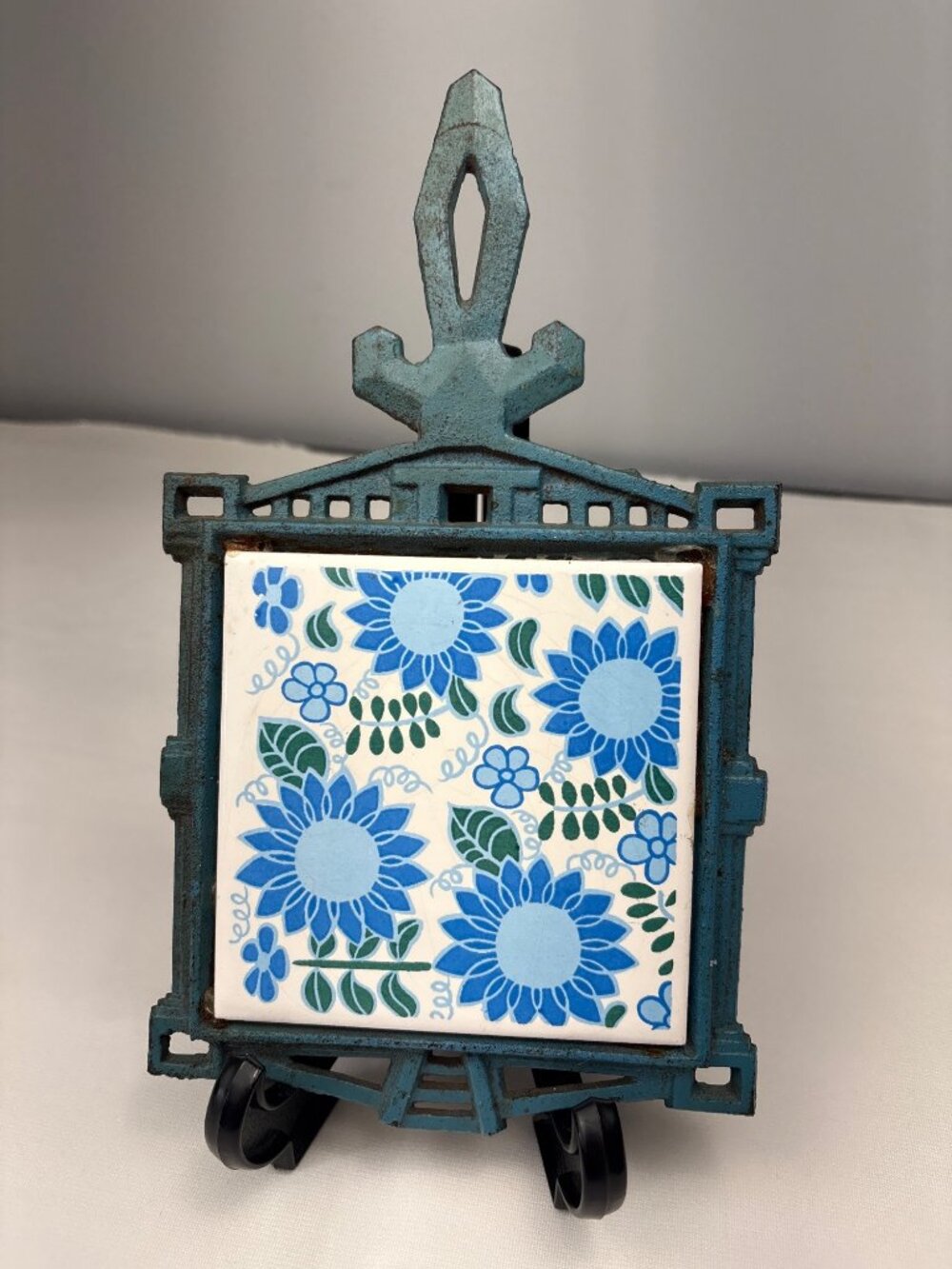 Vintage Japan Cast Iron Blue Trivet Floral Ceramic Tile 10"x5.5" Display-Ready